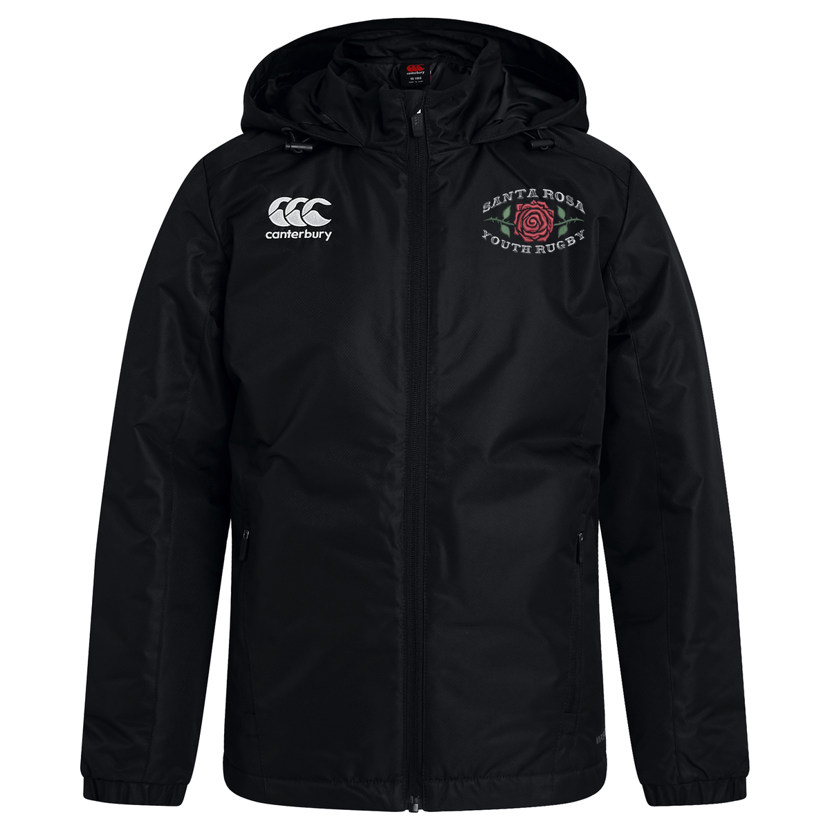Stay warm and dry in any weather with the Santa Rosa Youth Rugby Club Vaposhield Stadium Jacket by Canterbury. This black hooded jacket from EMB Canterbury features padded insulation and water-repellent technology. The Canterbury logo appears on the right chest, while “Santa Rosa Youth Rugby” and a red rose emblem are displayed on the left chest.