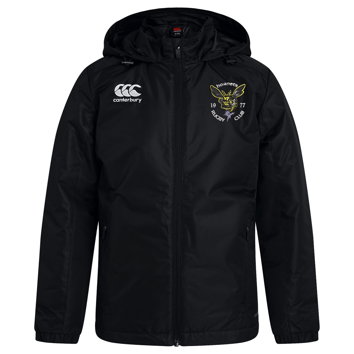Hornets Rugby Club 1977 Club Vaposhield Stadium Jacket by EMB Canterbury, in black with a hood, showcases the Canterbury logo on the right chest and the Hornets Rugby Club emblem on the left chest. Designed with padded insulation for extra warmth, this jacket is displayed on a white background.