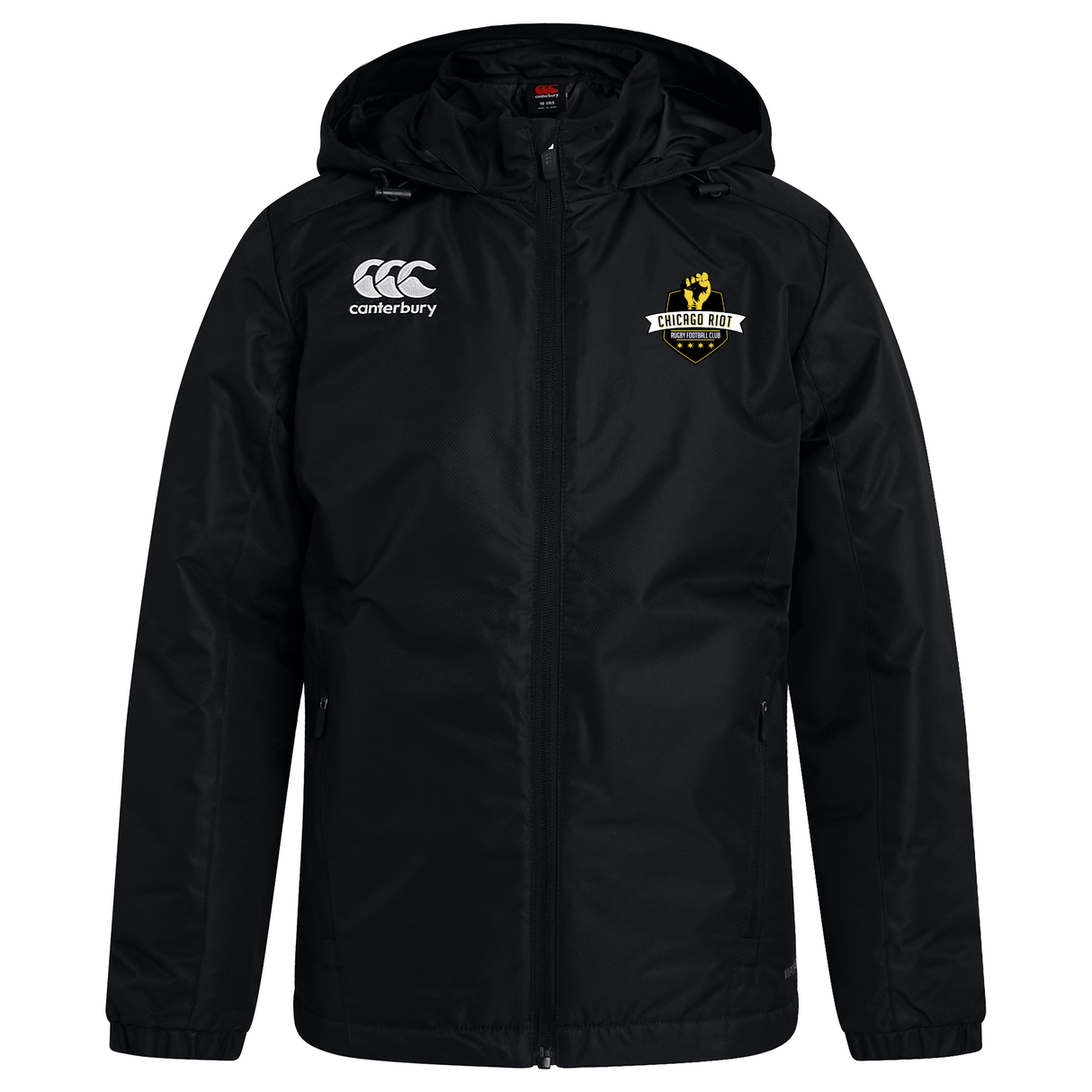 The Chicago Riot Club Vaposhield Stadium Jacket by EMB Canterbury has padded insulation, a black hood, a Canterbury logo on the right chest, and a Chicago North crest on the left, shown on a plain white background.