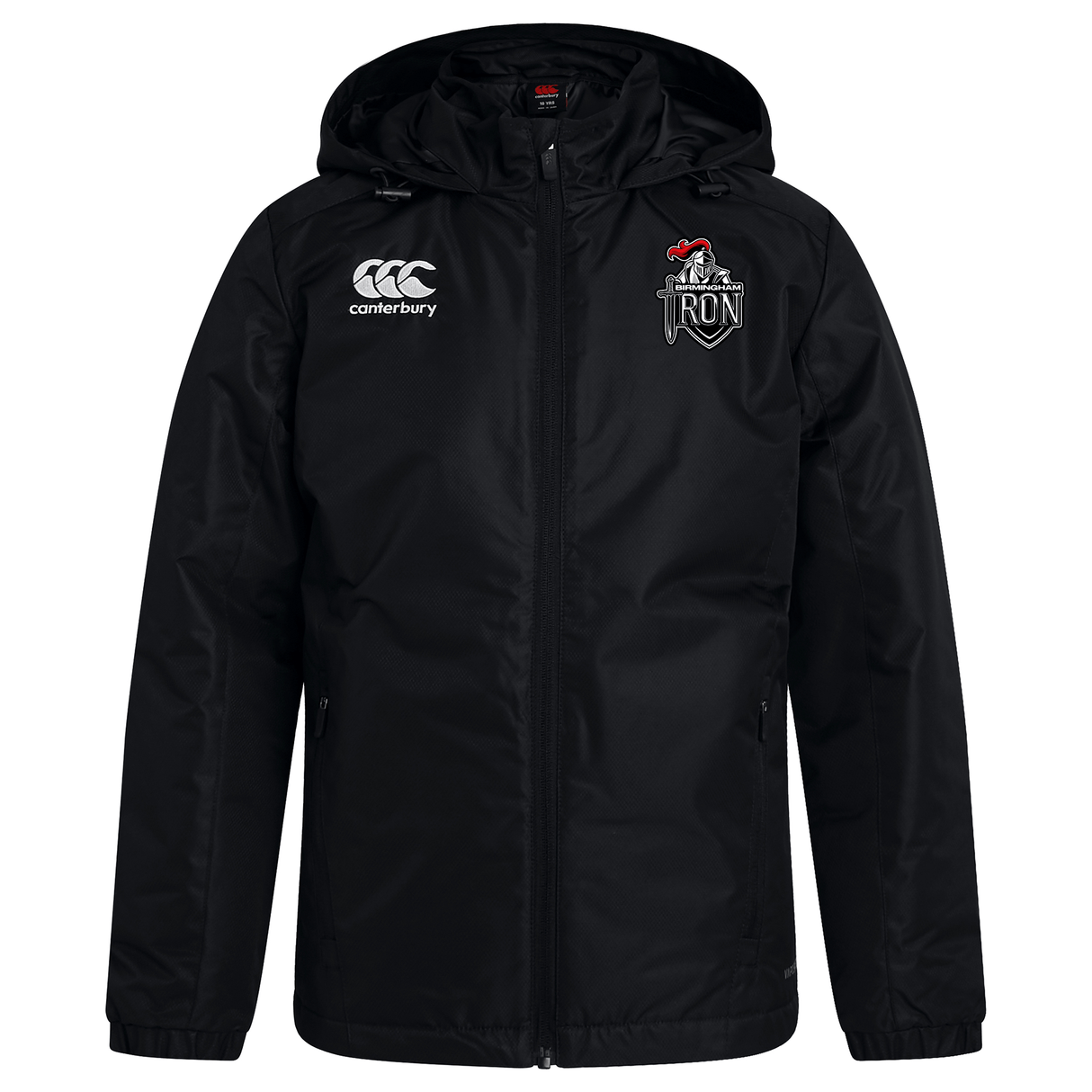 The Birmingham Iron Women's Football Club Vaposhield Stadium Jacket by Canterbury features padded insulation, a front zipper, EMB Canterbury branding, and is water repellent for superior comfort in any weather.