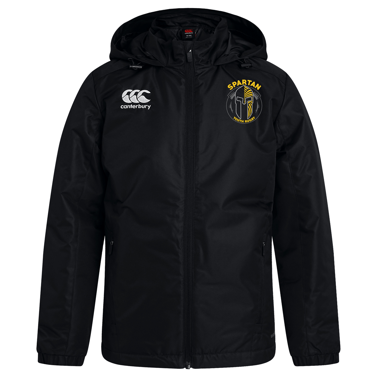The Spartan Youth Rugby Club Vaposhield Stadium Jacket by EMB Canterbury features a black hood, front zipper, white Canterbury logo on the right chest, yellow Spartan Football Academy logo on the left chest, and padded insulation for warmth.