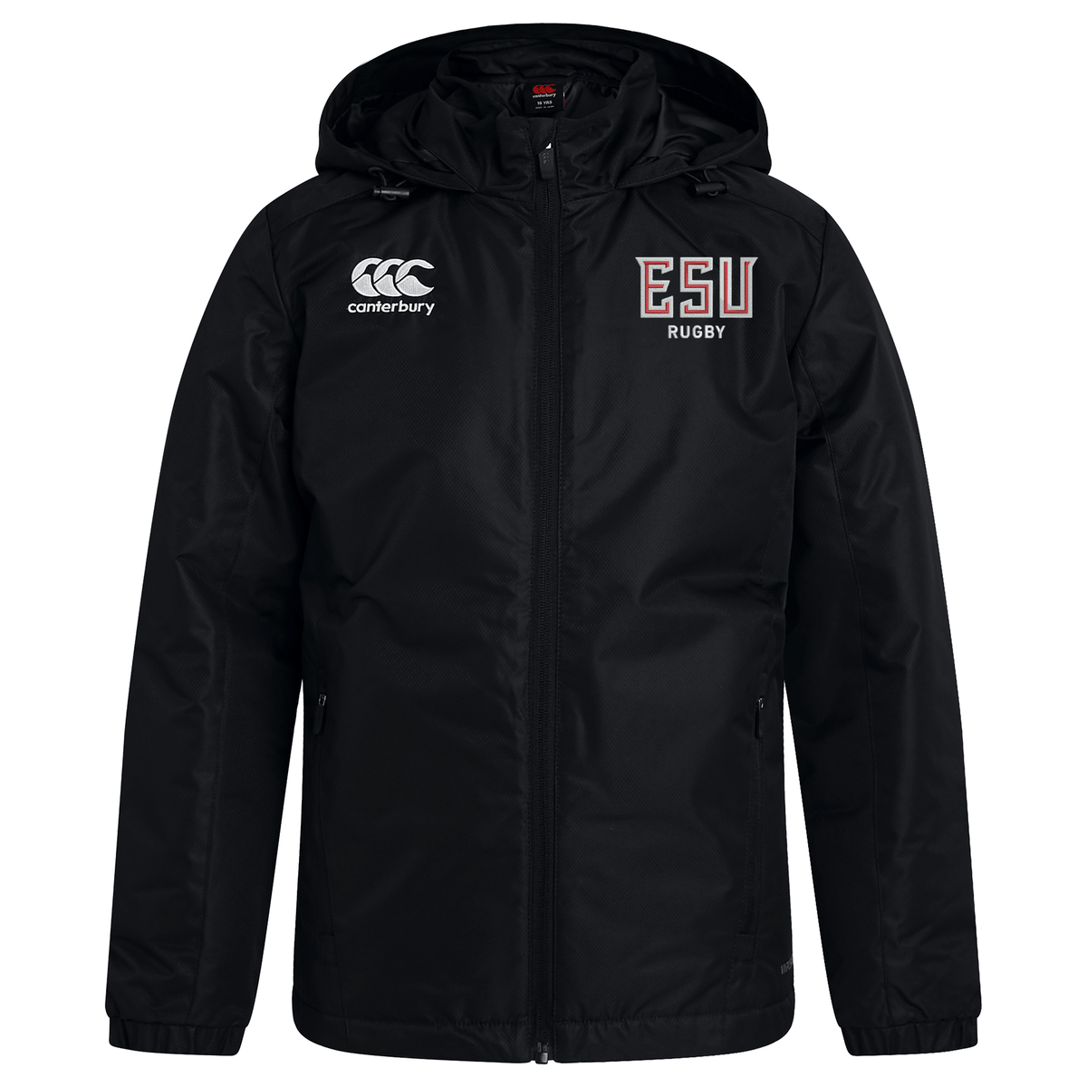 The East Stroudsburg University Club Vaposhield Stadium Jacket by EMB Canterbury features a black hood, front zipper, padded insulation for warmth, the Canterbury logo on the right chest, and "ESU Rugby" on the left chest.