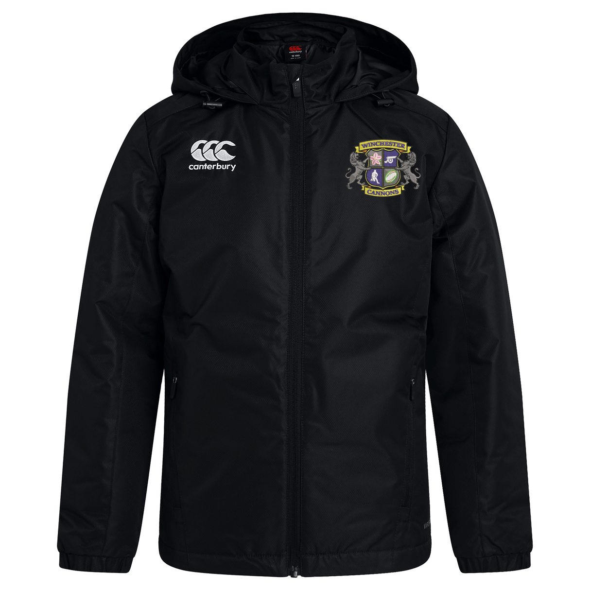 The Winchester Cannons Club Vaposhield Stadium Jacket by EMB Canterbury is a black hooded rugby jacket with a front zipper, featuring the Canterbury logo on the right chest and a multicolored crest on the left.