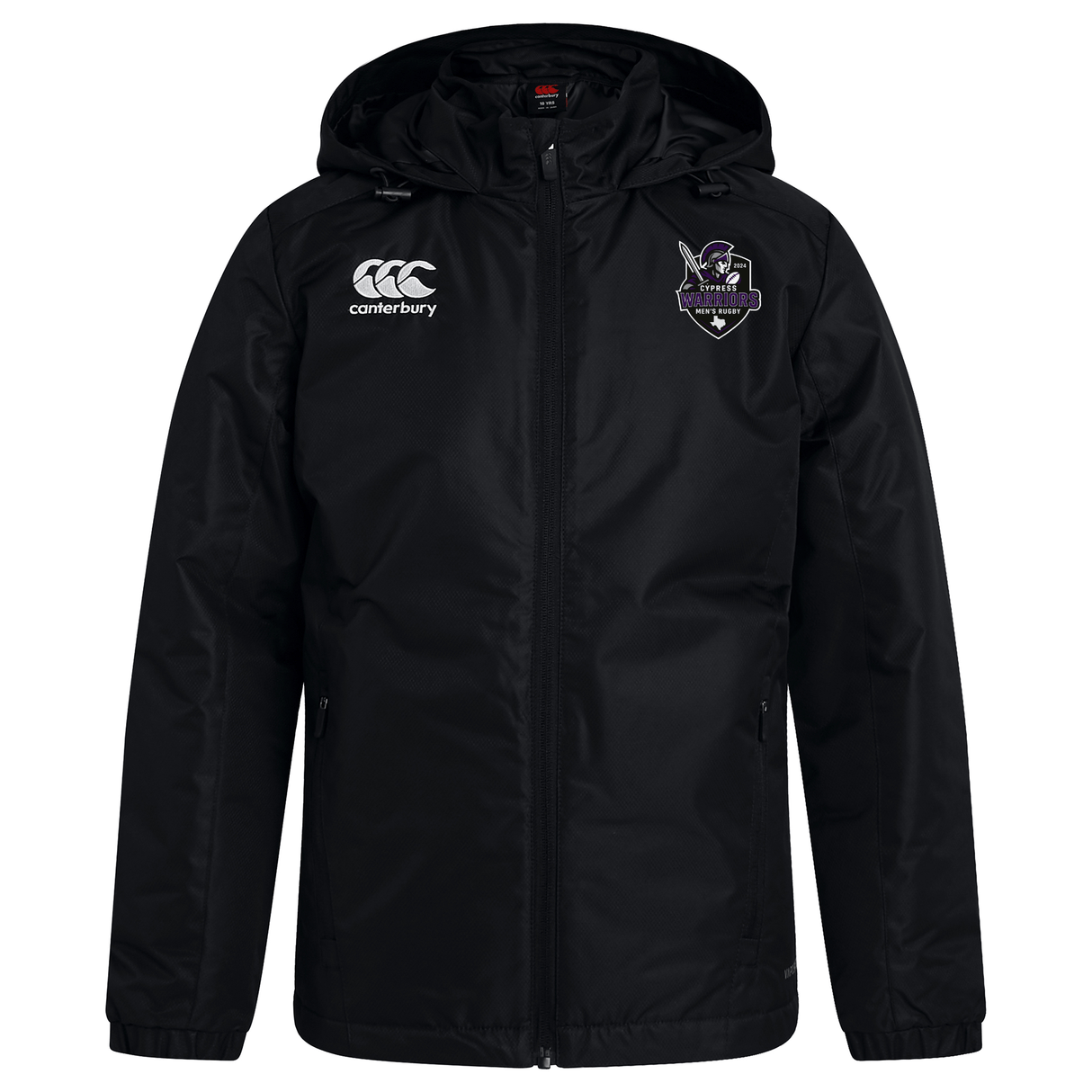 The Cypress Warriors Men's Rugby Club Vaposhield Stadium Jacket by EMB Canterbury features a black zip-up design, Canterbury logo on the right chest, purple team badge on the left, padded for warmth, shown on a plain white background.