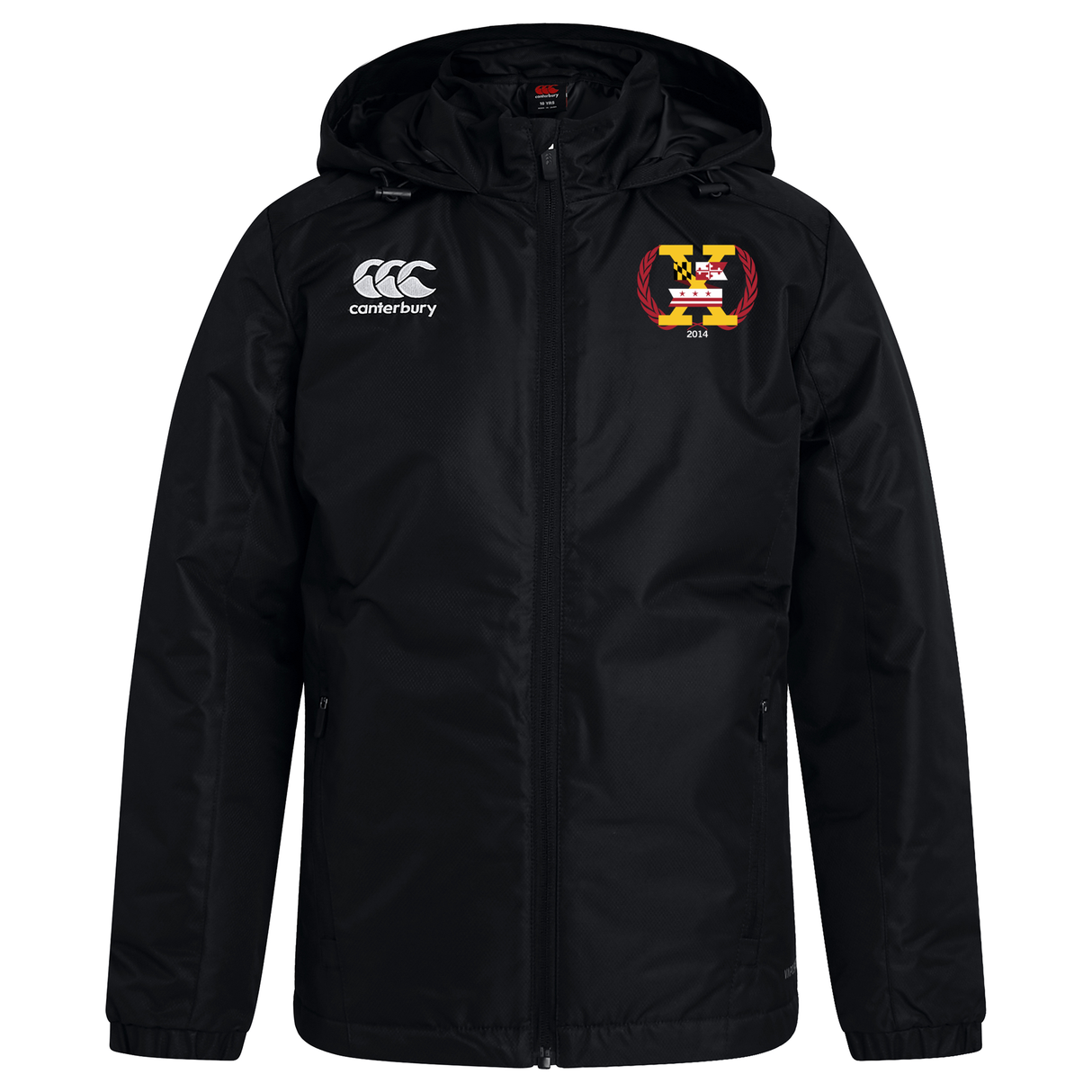Potomac Exiles Rugby Club Club Vaposhield Stadium Jacket by EMB Canterbury features a black hooded design with a zipper, the Canterbury logo on the right chest, and a colorful embroidered Potomac Exiles crest with "2014" on the left chest. This water-repellent jacket is padded for warmth, ensuring comfort in all weather conditions.