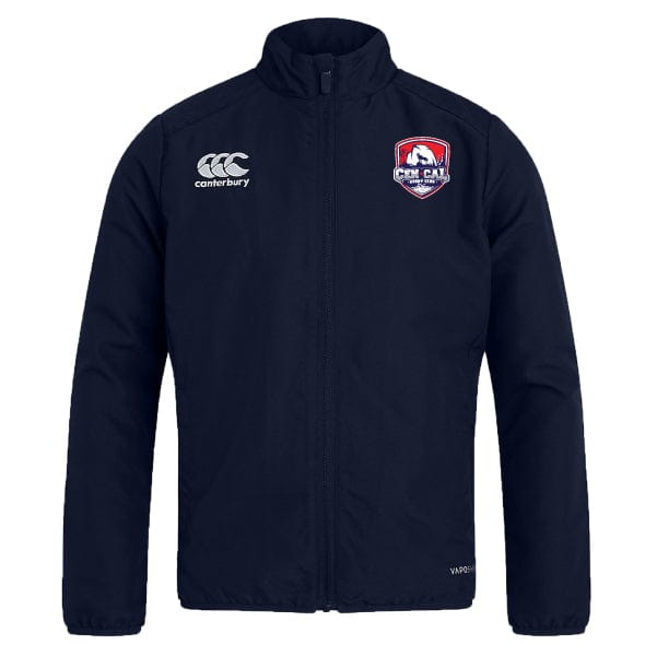 The CenCal Rugby Club Track Jacket by EMB Canterbury is a navy zip-up with a high collar, white Canterbury logo on the right chest, and a red-and-white shield on the left—perfect for style and comfort.