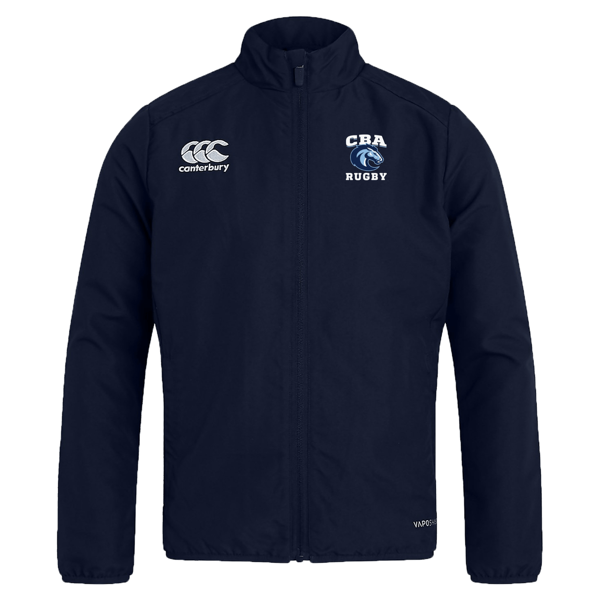A lightweight, water-repellent navy blue Christian Brothers Academy Rugby Club Track Jacket by EMB Canterbury features "CBA RUGBY" and a stylized eye logo on the chest, keeping you comfortable and dry.