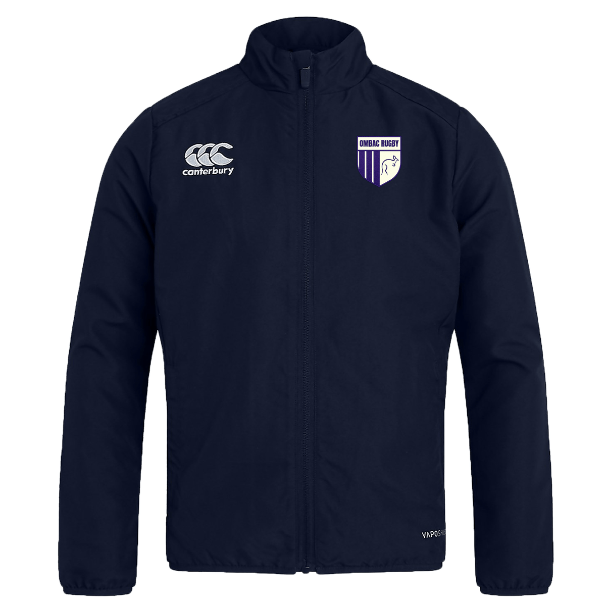 The OMBAC Rugby Club Track Jacket by EMB Canterbury is lightweight and durable, available in navy blue. It features the Canterbury logo on the left side of the chest and a rugby team crest on the right side. With a zipper closure, high collar, and quick-drying fabric, this jacket offers added convenience.