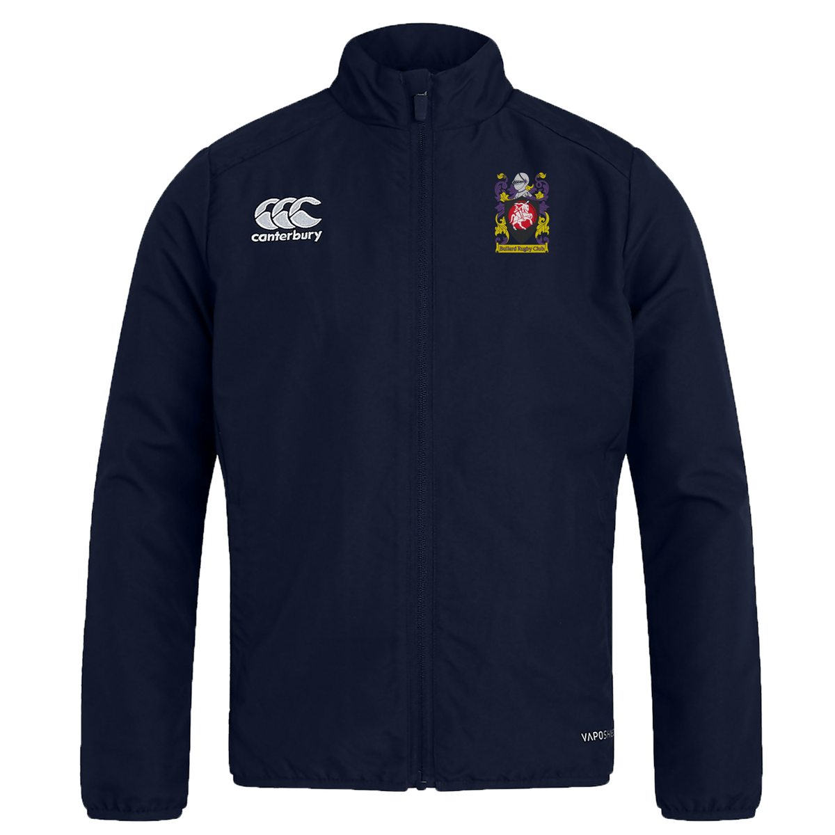 The Bullard Rugby Club Track Jacket by EMB Canterbury comes in navy blue, featuring a high collar with the Canterbury logo on one side and a colorful crest on the other. This lightweight jacket is designed for quick drying, making it ideal for any adventure.