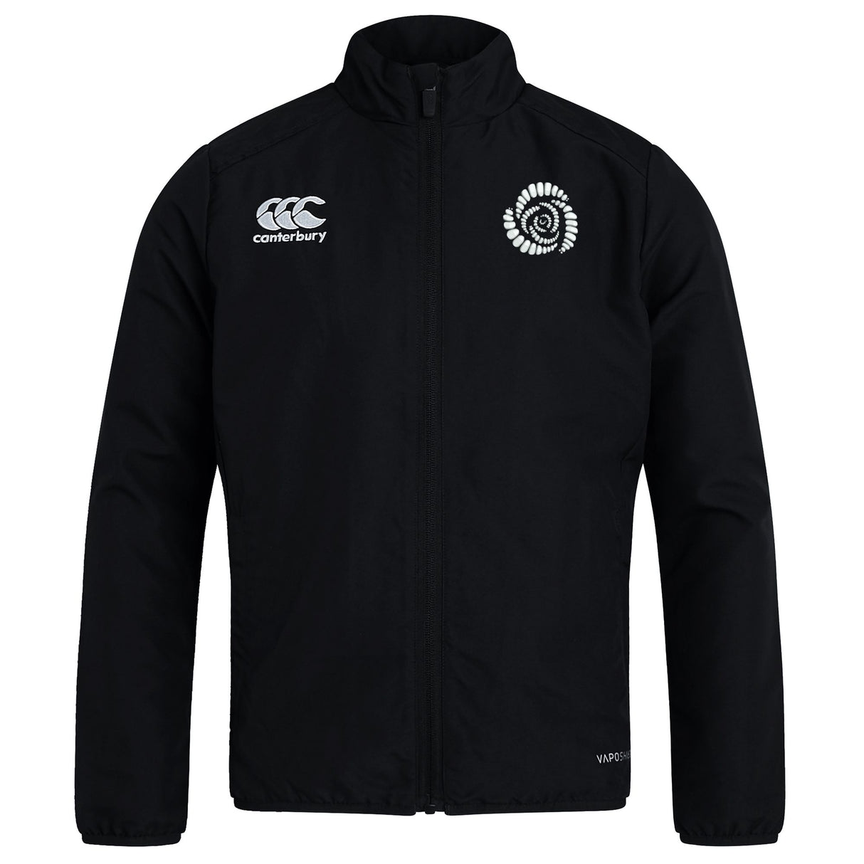 Missoula All-Maggots Club Track Jacket by EMB Canterbury—black, lightweight zip-up with a high collar, featuring a white EMB Canterbury logo on the right chest and a white spiral emblem on the left chest.