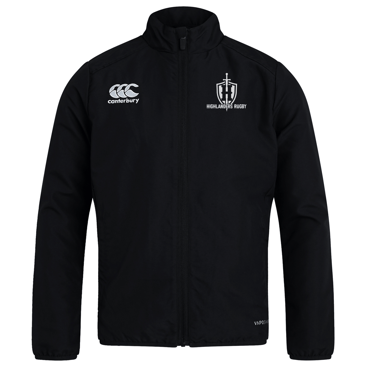 Introducing the Highlanders Rugby NC Club Track Jacket by EMB Canterbury: a sleek black track jacket featuring a full-length zipper. The Highlanders Rugby logo is proudly displayed on the right chest, while the Canterbury logo adorns the left chest. This lightweight and quick-drying jacket is perfect for all conditions.