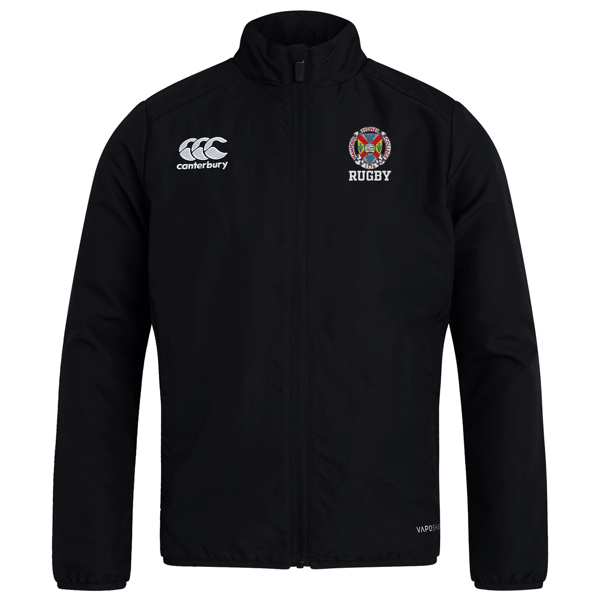 The Hampden Sydney College Club Track Jacket by Canterbury is a lightweight black jacket featuring a front zipper and high collar. The EMB Canterbury and rugby team logos are proudly displayed on the chest, and its quick-drying fabric ensures comfort in all conditions.