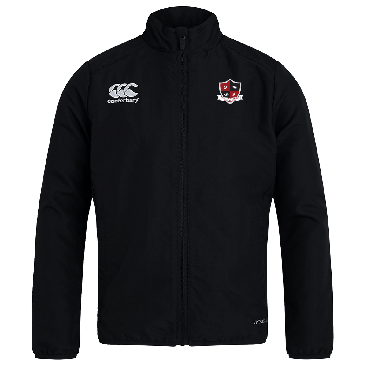 The Southern Pines Youth Rugby Club Track Jacket by EMB Canterbury is a lightweight black jacket with a shield logo on the right chest and the iconic Canterbury logo on the left, designed to be water-repellent for all-weather comfort.
