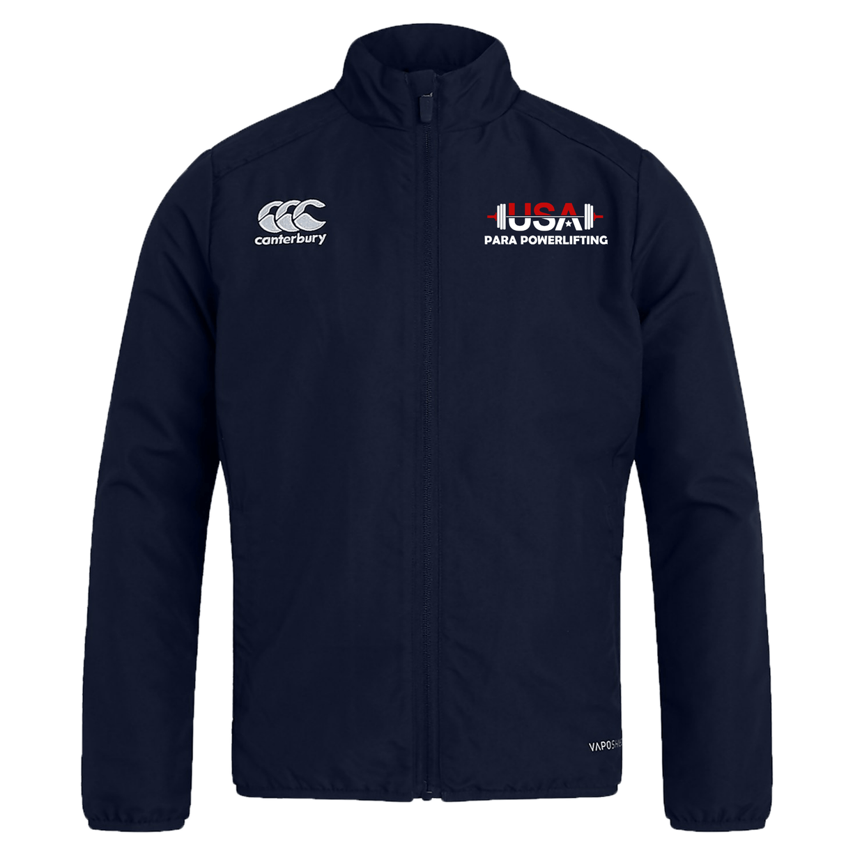 The USA Para Powerlifting Club Track Jacket by EMB Canterbury is a navy blue, lightweight, water-repellent jacket featuring "Canterbury" and "USA Para Powerlifting" logos on the front, shown against a white background.