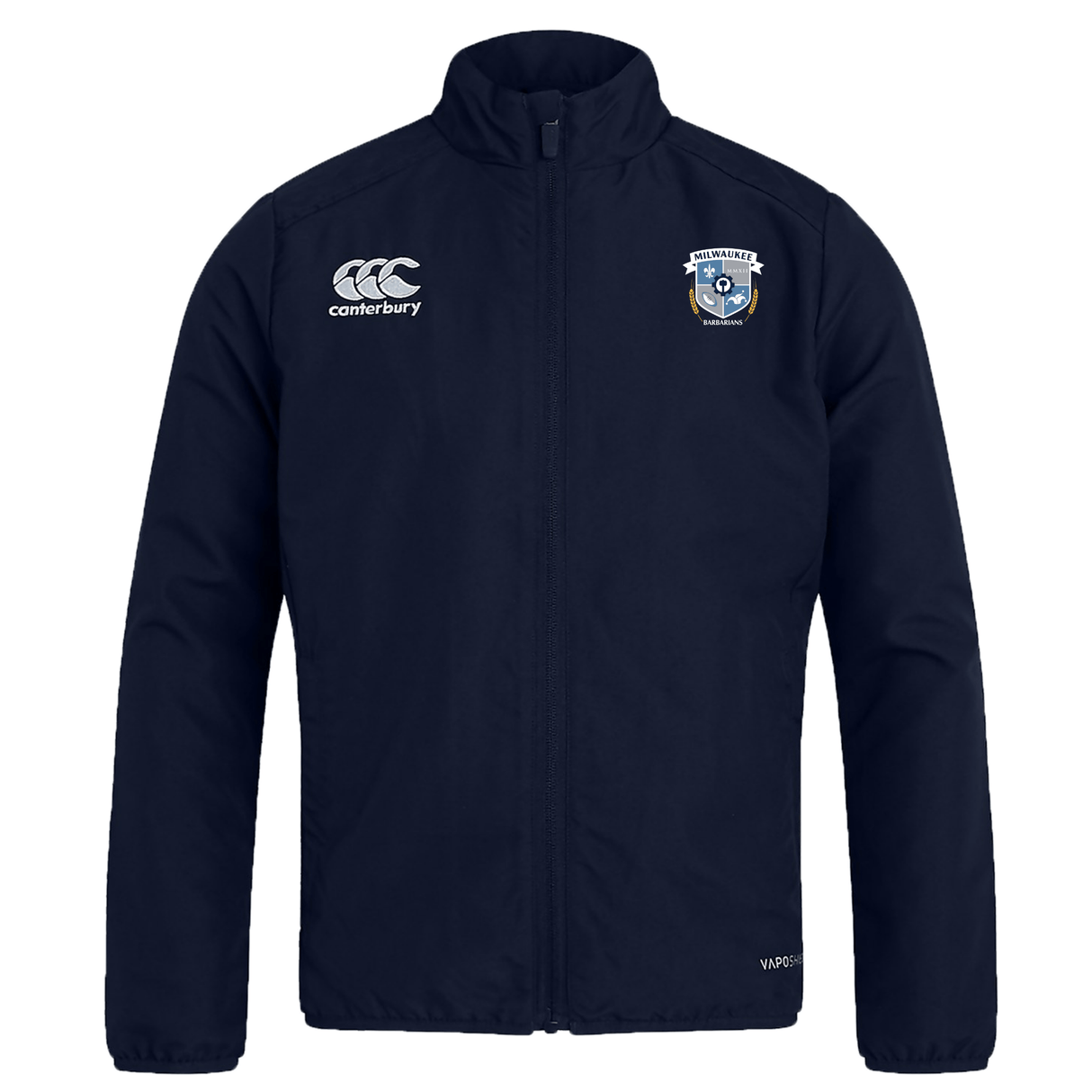 Milwaukee Barbarians Rugby Club Track Jacket by EMB Canterbury features a zip front, Canterbury logo on the right chest, team crest on the left chest, and water-repellent fabric for comfort.