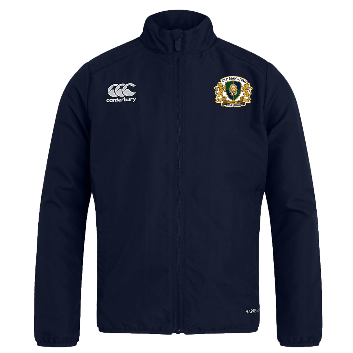 The Old Man Rivah Rugby Club Track Jacket by EMB Canterbury features a navy zip front, club crest on the left chest, and Canterbury logo on the right. This lightweight jacket is ideal for everyday wear.