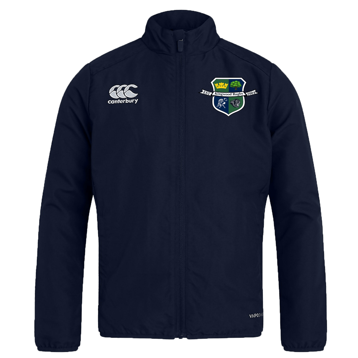 The Kingwood Rugby Club Track Jacket by EMB Canterbury is a navy blue, lightweight zip-up with two embroidered logos: the Canterbury logo on the right chest and the club crest with text on the left—perfect for layering year-round.