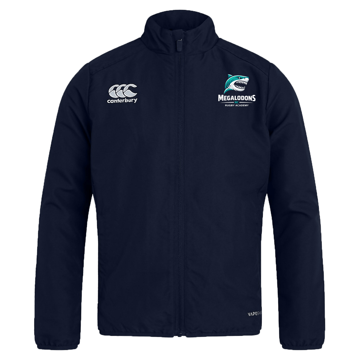 The EMB Canterbury NC Rugby Academy - Megalodons Club Track Jacket features a navy blue design, zip front, Canterbury logo on the right chest, and “Megalodons Rugby Academy” logo on the left. Lightweight for comfort and style.