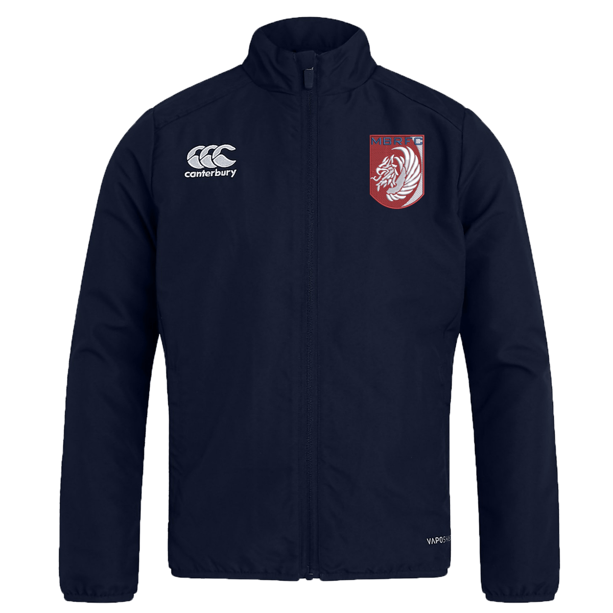 The Montgomery Bucks Griffins Club Track Jacket by EMB Canterbury features a navy blue design, white Canterbury logo on the right chest, and a maroon and white lion crest on the left. Lightweight for stylish comfort in any setting.