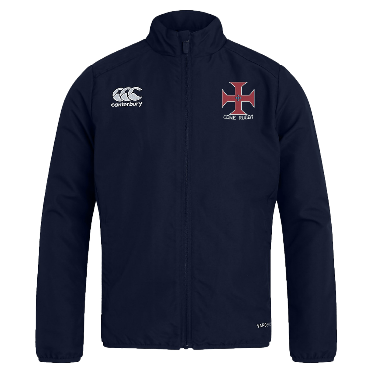 SF CDME Rugby Club Track Jacket by Canterbury in navy blue, made from lightweight material with a front zipper, featuring the EMB Canterbury and Come Rugby logos on the chest.