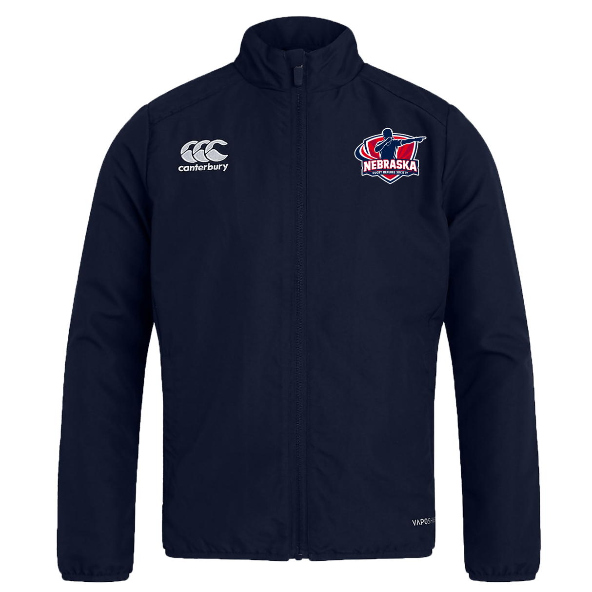 The Nebraska Rugby Referee Society Club Track Jacket by EMB Canterbury features a zip front, white Canterbury logo on the right chest, Nebraska emblem on the left chest, and a water-repellent finish for lightweight, all-weather comfort.