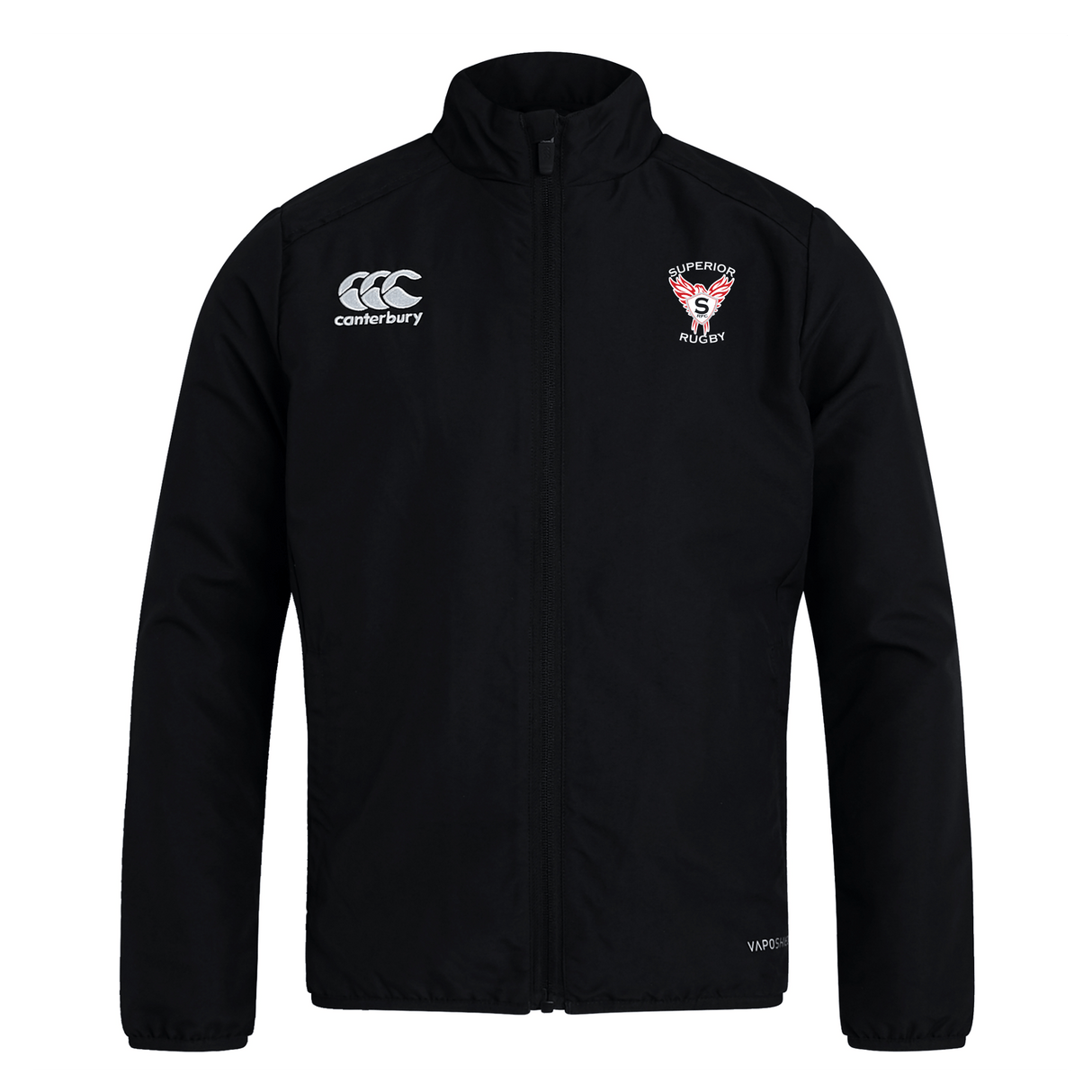 The Superior Rugby Club Track Jacket by EMB Canterbury is a black lightweight jacket with a high collar, featuring the Canterbury logo on the right chest and the rugby club crest on the left.