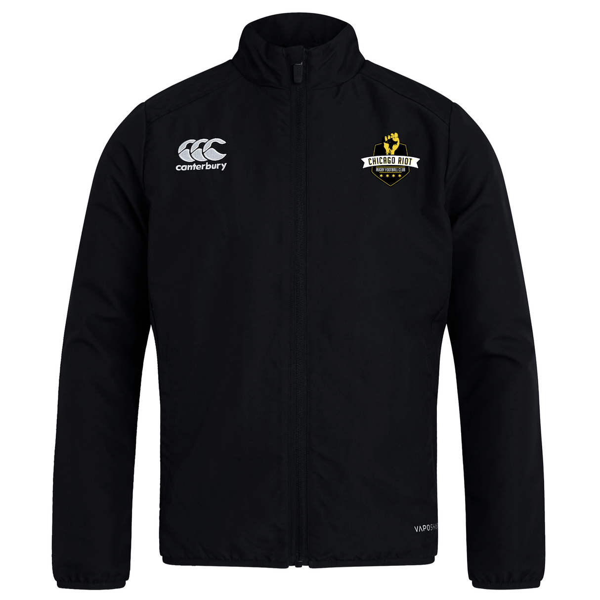 The EMB Canterbury Chicago Riot Club Track Jacket is a black lightweight zip-up jacket featuring the Canterbury logo on the right chest and the Chicago Riot club logo on the left, perfect for fans seeking stylish team gear.
