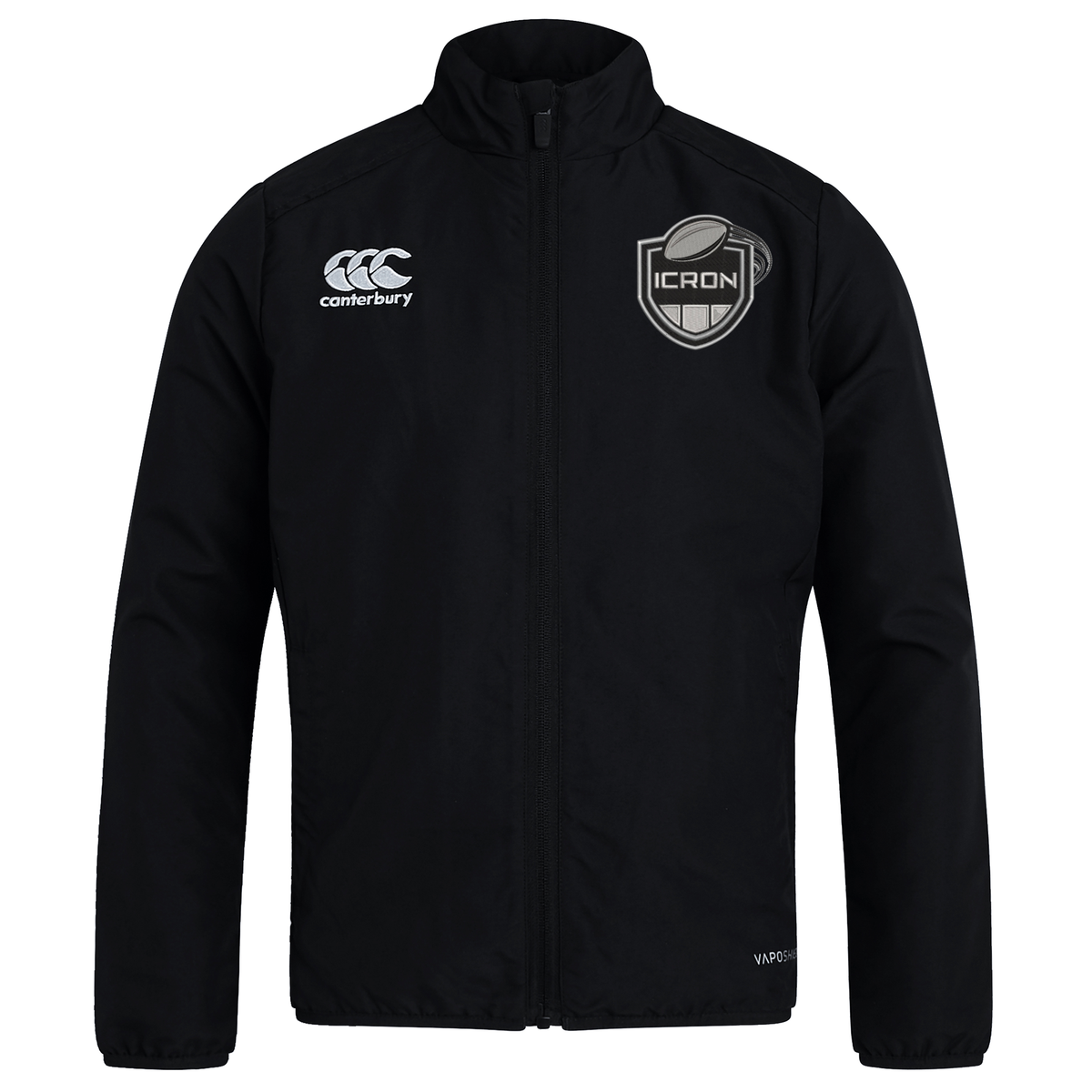 Black lightweight ICRON Club Track Jacket by Canterbury featuring a logo on the right chest and a rugby-themed team crest on the left chest.
