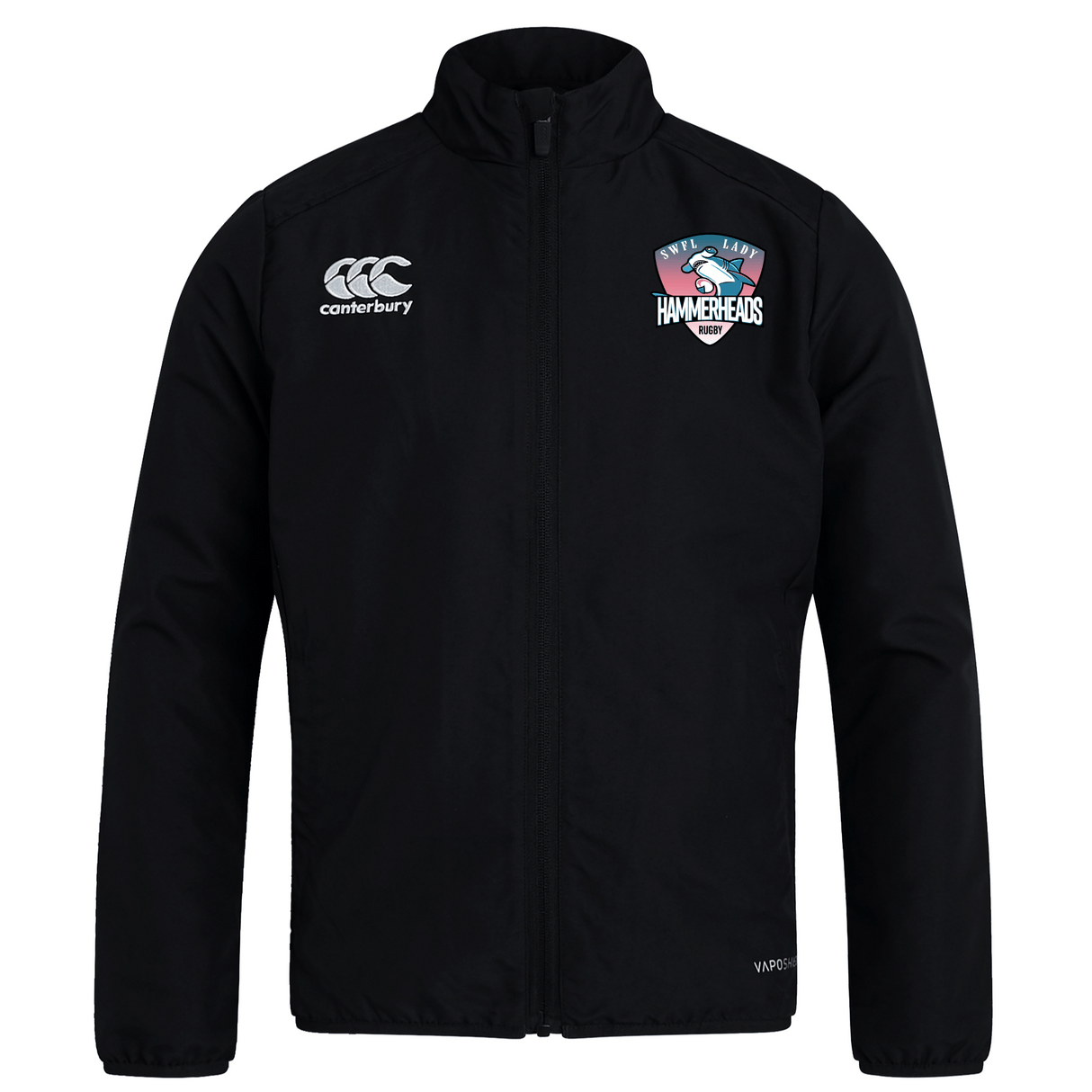 The SWFL Lady Hammerheads Club Track Jacket by WRS Canterbury is a black, lightweight, water-repellent zip-up jacket featuring the Canterbury logo on the right chest and the Hammerheads team logo on the left chest.