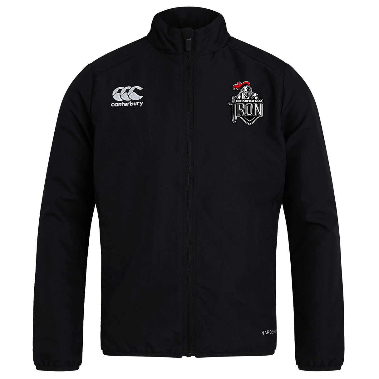The Birmingham Iron Women's Football Club Track Jacket by EMB Canterbury is a lightweight black jacket with "Canterbury" and "IRON" logos on the chest, shown against a white background.