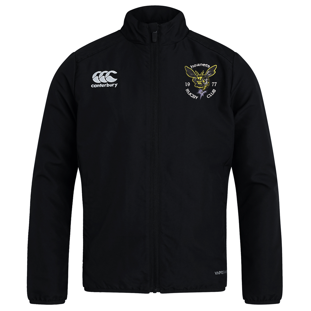 The Hornets Rugby Club 1977 Club Track Jacket by EMB Canterbury is a black lightweight zip-up jacket, featuring an embroidered Hornets club logo on the left chest and the Canterbury logo on the right chest—perfect as a stylish club track jacket.