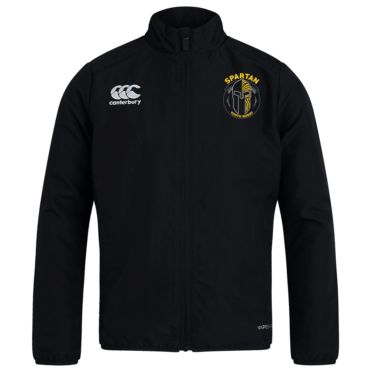 The Spartan Youth Rugby Club Track Jacket by EMB Canterbury features a zip front, white Canterbury logo, yellow Spartan emblem, and water repellent finish for comfort in any weather.