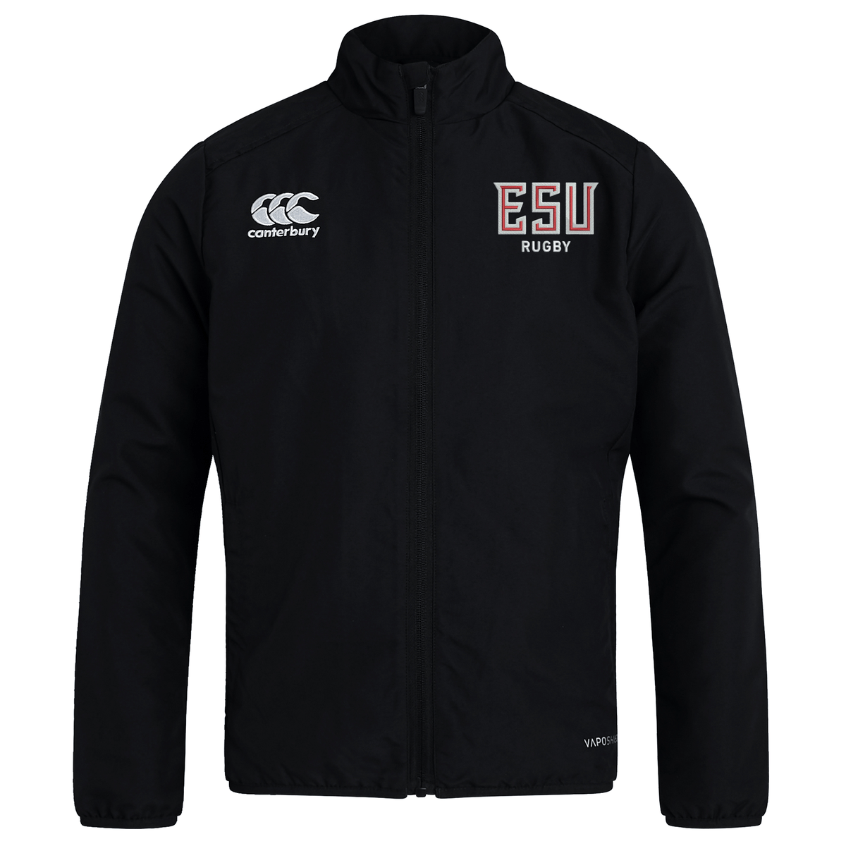 The East Stroudsburg University Club Track Jacket by Canterbury features "ESU RUGBY" embroidered on the left chest and the Canterbury logo on the right. This lightweight EMB Canterbury jacket keeps you comfortable and stylish on or off the field.