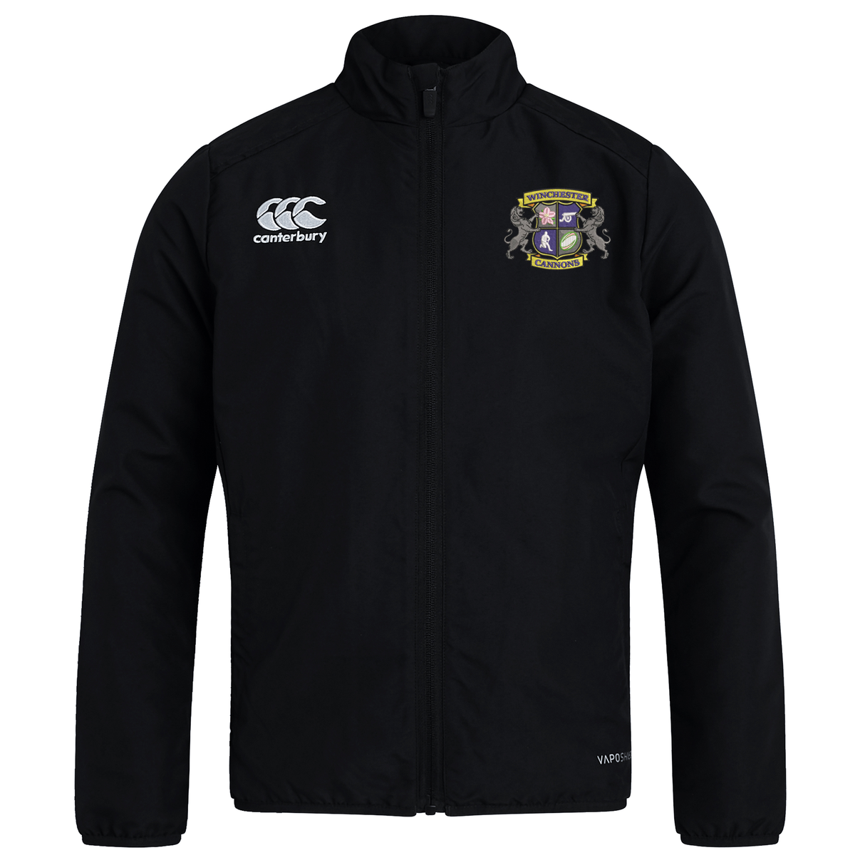 The Winchester Cannons Club Track Jacket by EMB Canterbury is black with a zip front, features a white Canterbury logo on the right chest, a colored crest logo on the left, and is made from lightweight, water-repellent material.
