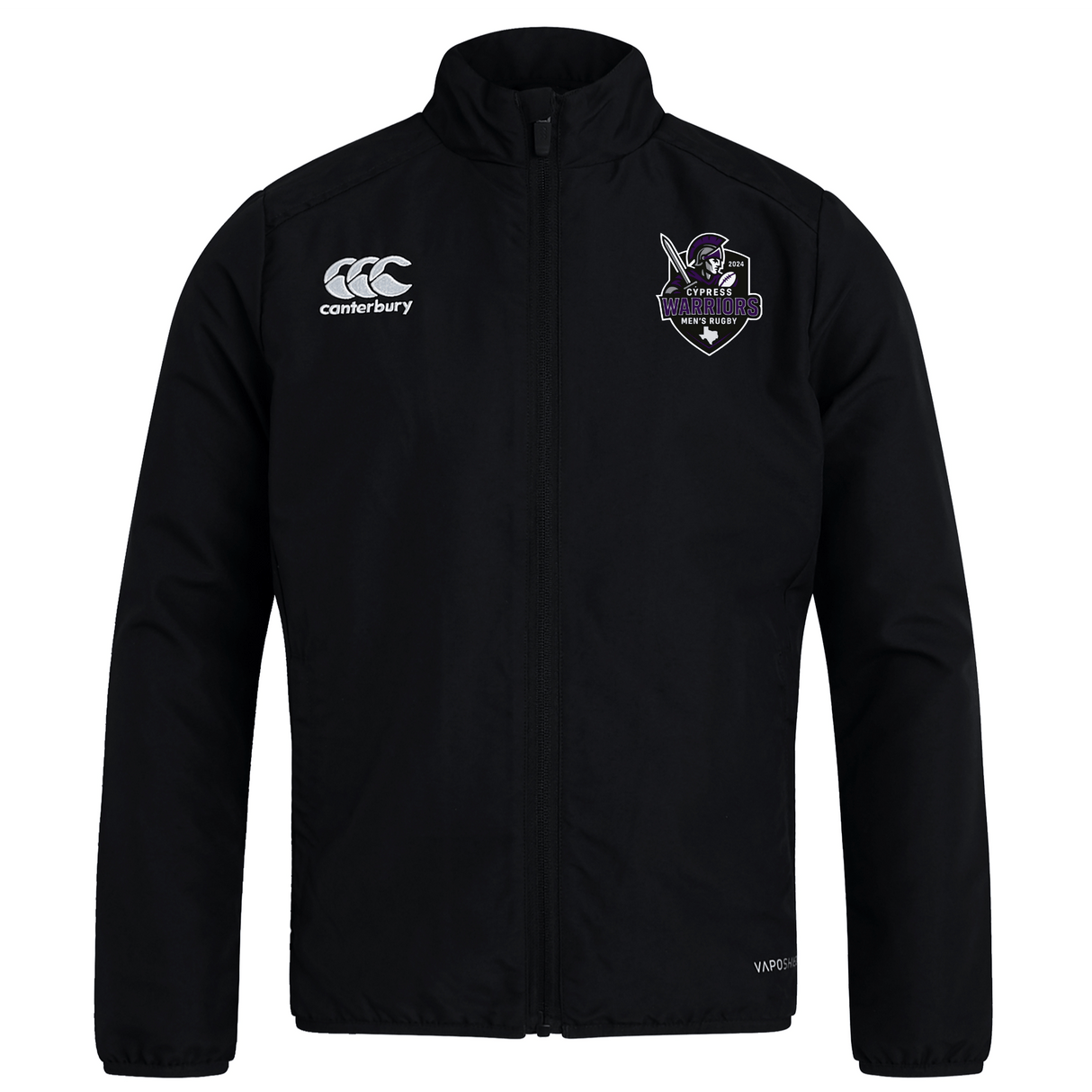 The Cypress Warriors Men's Rugby Club Track Jacket by Canterbury features a high collar, black design, white Canterbury logo on the right chest, and a purple and white team crest on the left. Lightweight and perfect for comfort on the go.