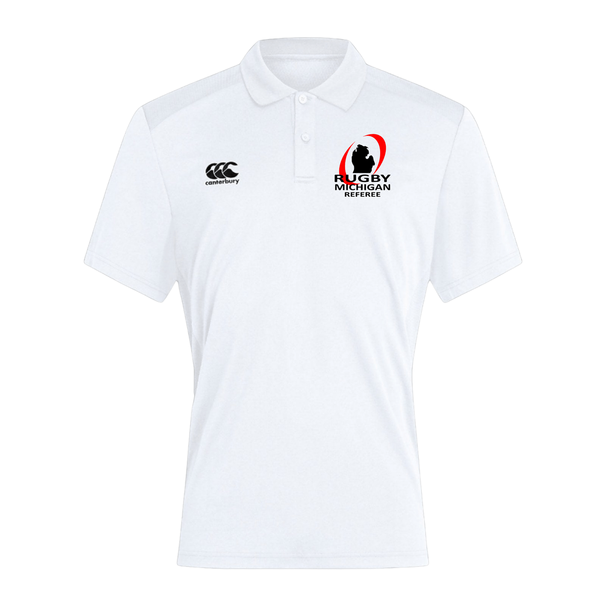The Rugby Michigan Referee Society Club Dry Polo by Canterbury features a "Rugby Michigan Referee" logo on the right side and a small logo on the left shoulder. This breathable polo, from EMB Canterbury, incorporates Vapodri Technology to keep you cool and comfortable.