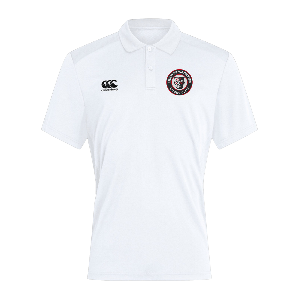 The Liberty Lake Warriors Club Dry Polo by EMB Canterbury is a white polo shirt with a collar and three buttons. It features an EMB Canterbury logo on the right chest and a red and black rugby club badge on the left. Enhanced with Vapodri Technology, it provides comfort with breathable mesh fabric for coolness throughout the day.