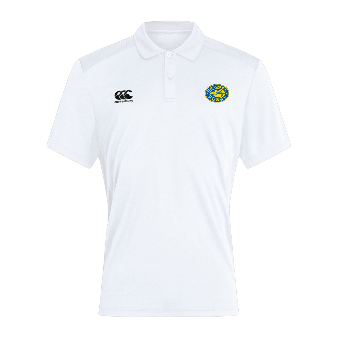 The Carmel Rugby Waimak Polo by EMB Canterbury features a collar and displays the Canterbury logo on both the left and right chest.