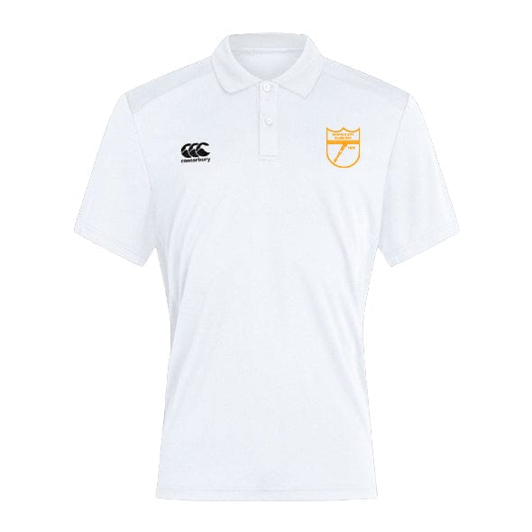 EMB Canterbury's Norfolk Blues Waimak Polo is crafted from a cotton polyester blend. It features a small black logo on the left chest and a yellow shield emblem on the right, both set against a plain background.