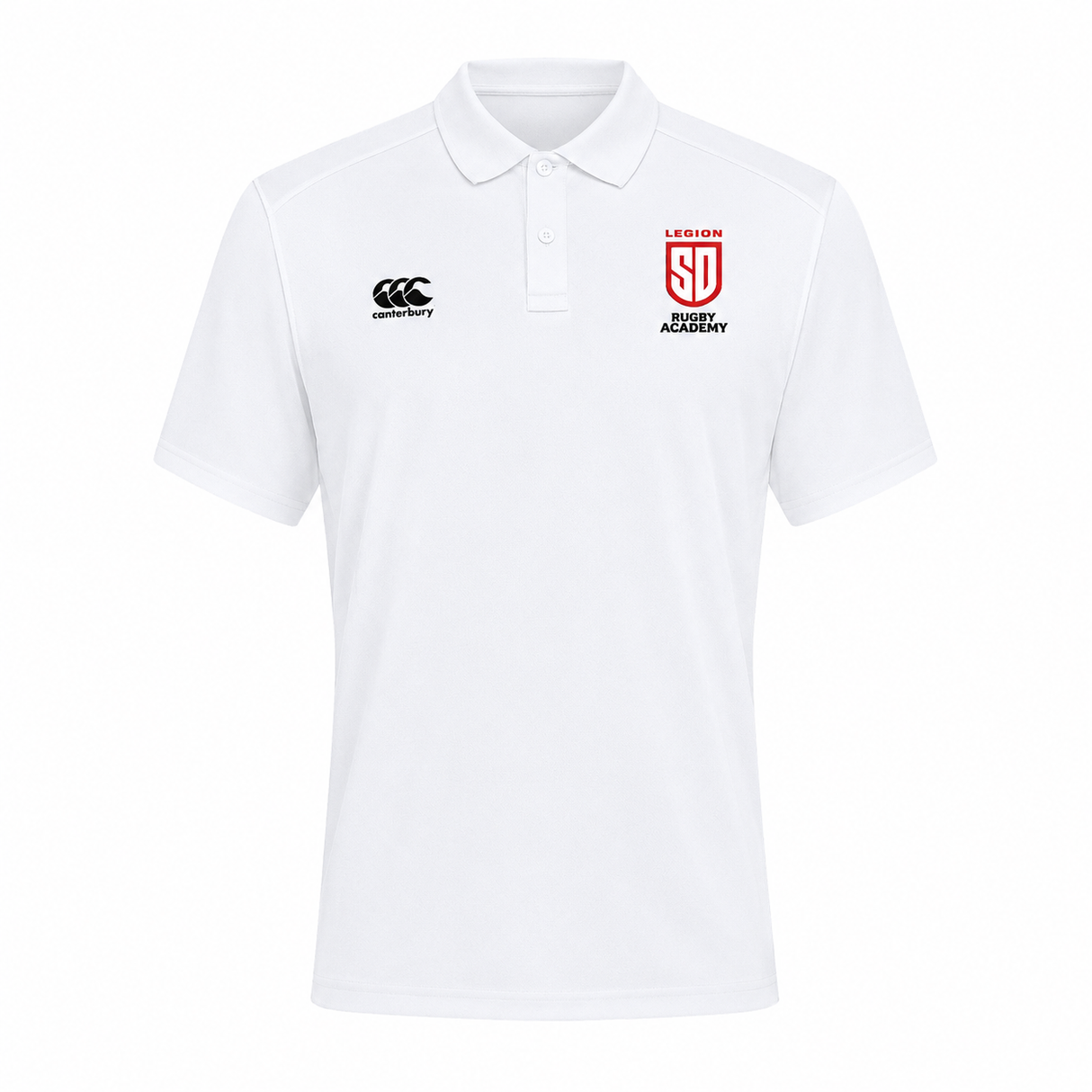 Introducing the San Diego Legion Rugby Academy Club Dry Polo by EMB Canterbury—a white polo shirt with button-up design, crafted with Vapodri Technology for enhanced comfort and breathability. Featuring the iconic Canterbury logo and Legion Rugby Academy badge on the chest, this stylish and performance-driven polo is perfect for showcasing your support.