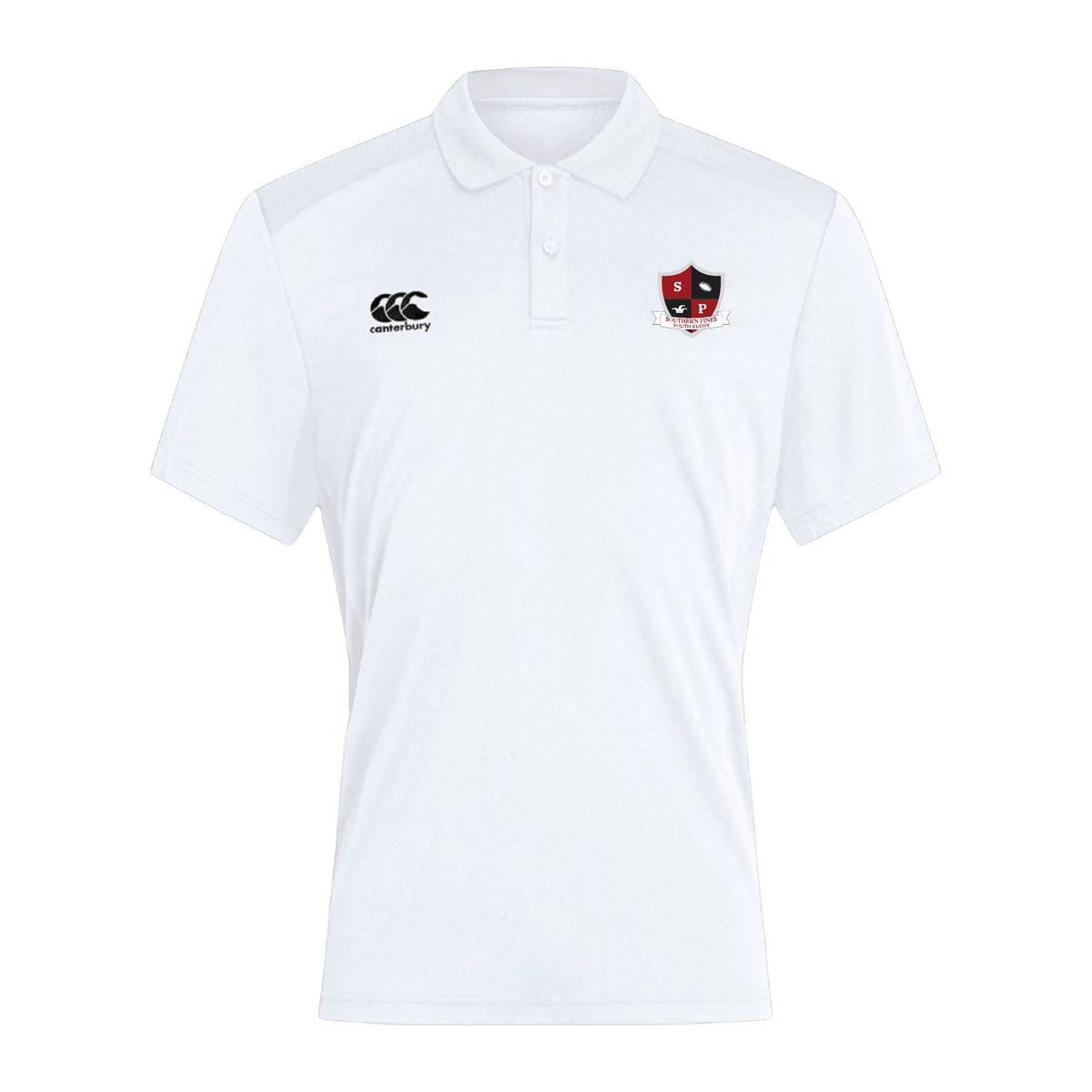 The Southern Pines Youth Rugby Club Dry Polo by Canterbury is a white polo shirt with Vapodri Technology, a collar, and logos on the left chest and right shoulder, offering breathability.