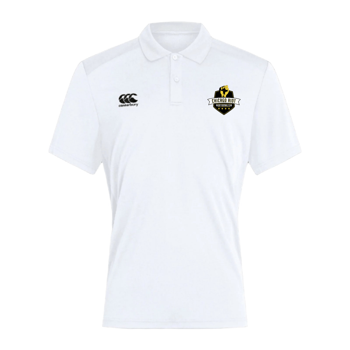 White short-sleeve Chicago Riot Club Dry Polo by EMB Canterbury featuring a black and gold crest on the left chest and a black Canterbury logo on the right, crafted with Vapodri technology for breathable comfort anywhere.