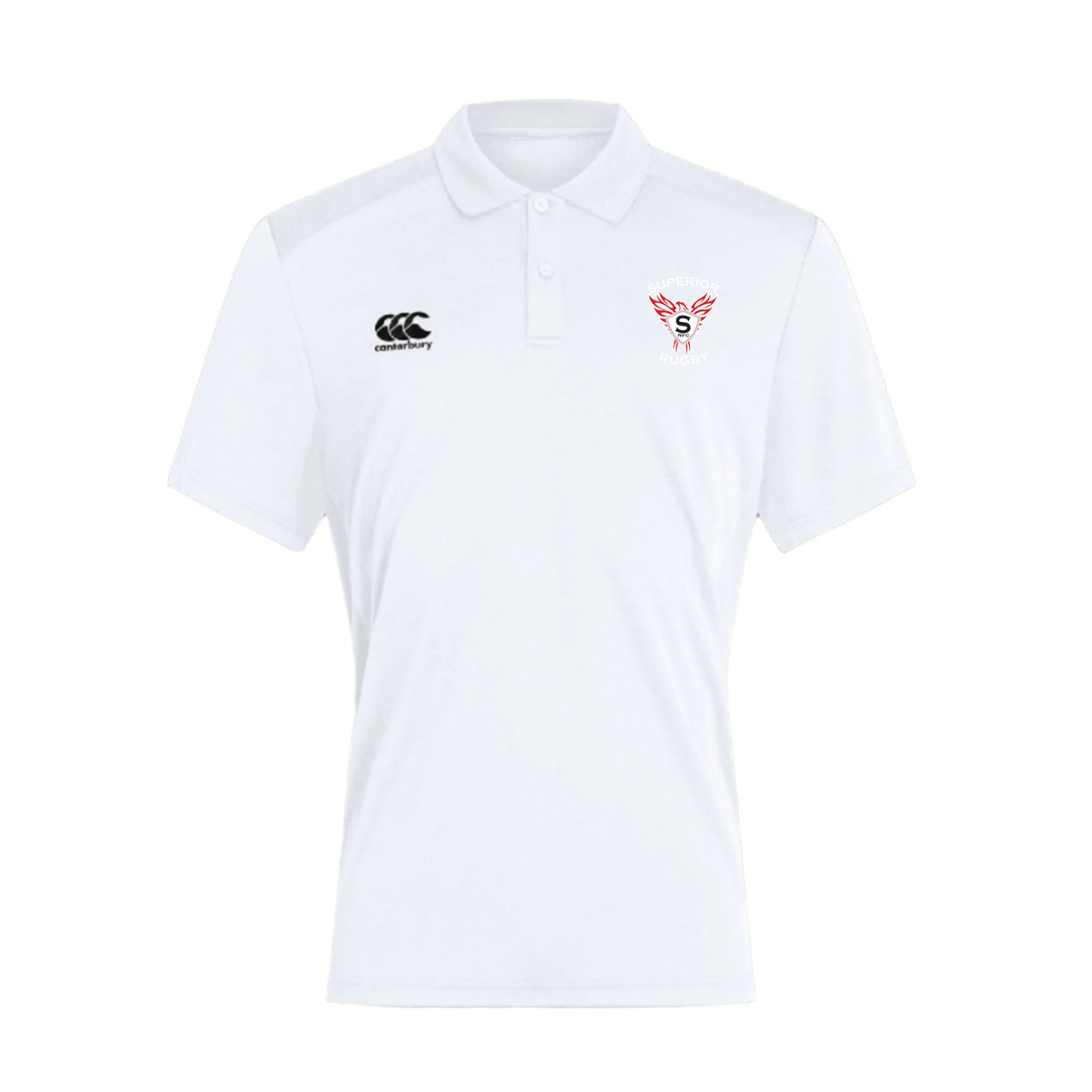 The EMB Canterbury Superior Rugby Club Club Dry Polo is a white short-sleeve polo with Vapodri technology, featuring the Canterbury logo on the right chest and a red and white sports team logo on the left chest.