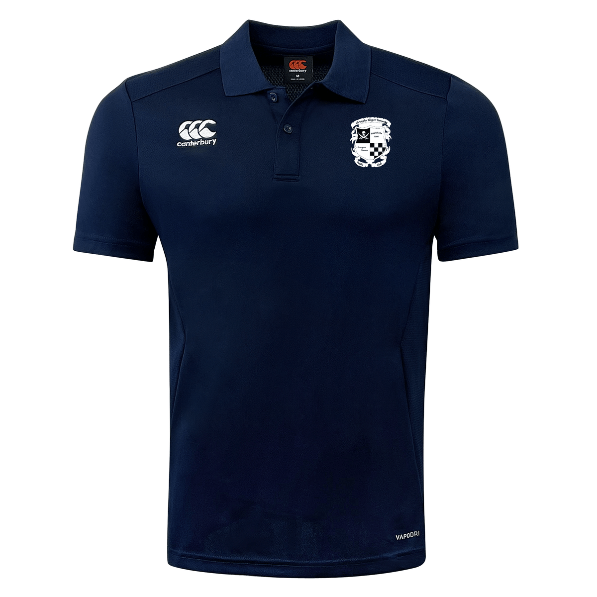 Navy blue rugby polo shirt featuring a small white logo on the right chest and a larger white crest on the left chest, with a collar and button placket. Designed with Vapodri technology from EMB Canterbury's Rugby Football Club at Christopher Newport University Club Dry Polo by Canterbury.