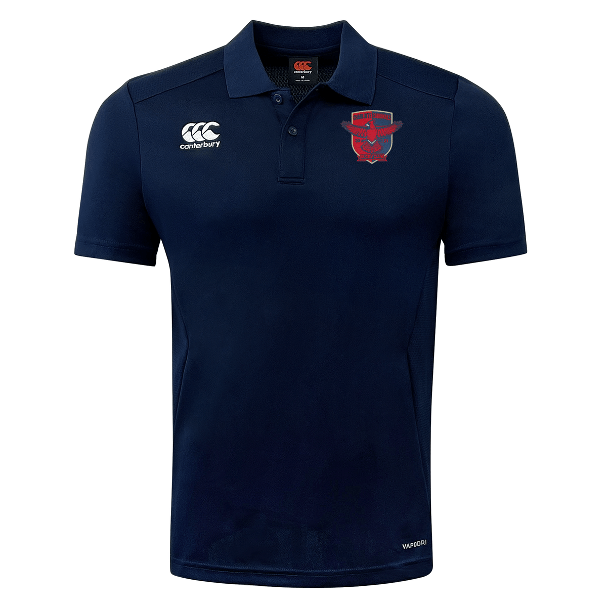Navy blue breathable rugby polo shirt with embroidered logos on the chest, Charlotte Cardinals Rugby Club Dry Polo from EMB Canterbury.