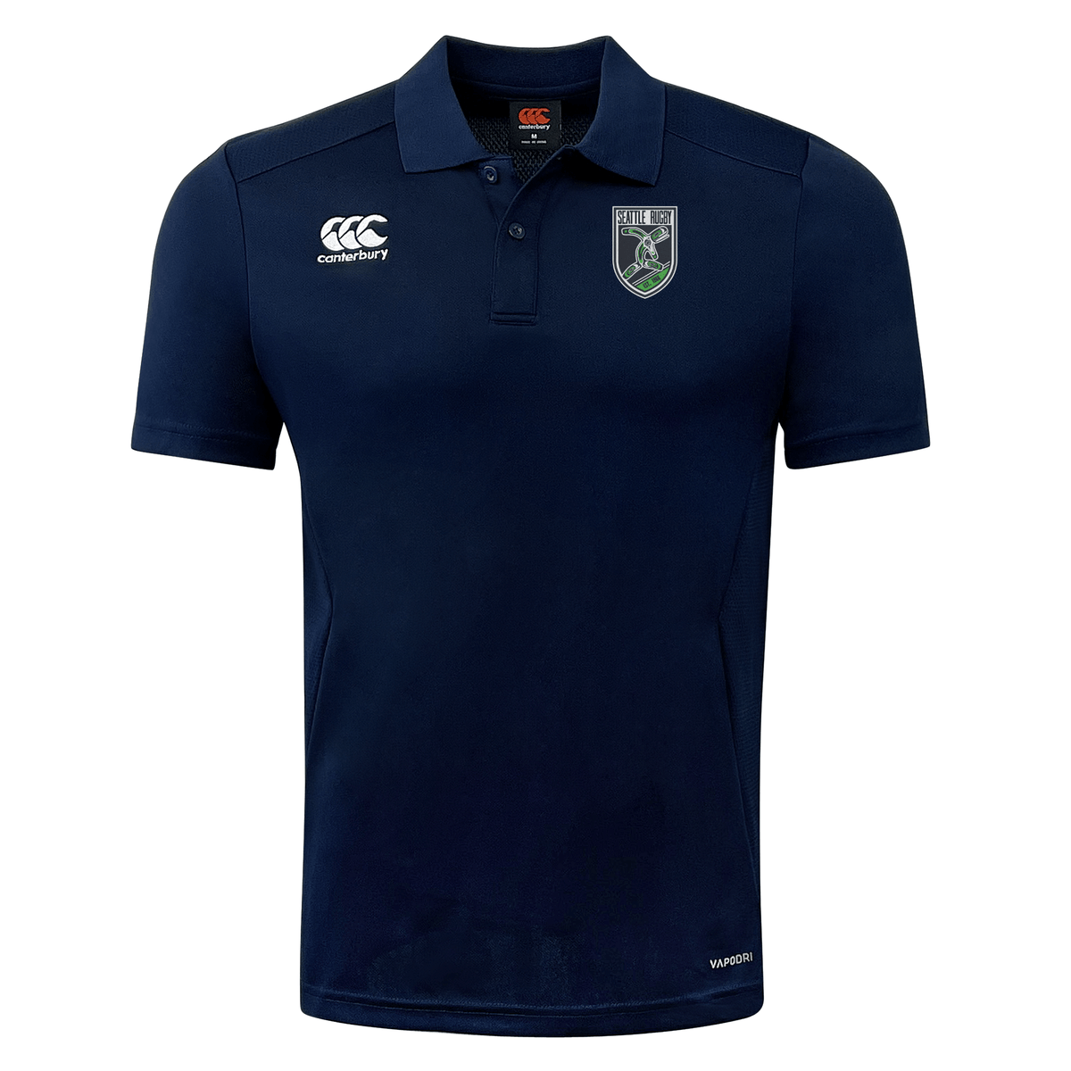 Seattle Rugby Club Club Dry Polo by EMB Canterbury, navy blue breathable with a collar, featuring embroidered logos on the chest and sleeve.