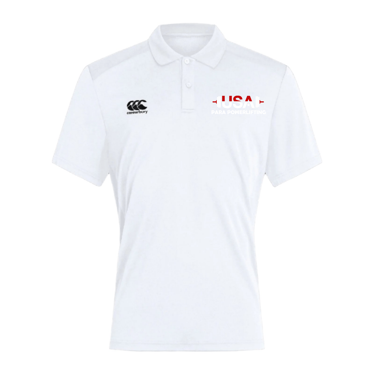 The USA Para Powerlifting Club Dry Polo by EMB Canterbury features Vapodri Technology for breathability, a right chest Canterbury logo, and "USA Para Powerlifting" text with small flags on the left chest.