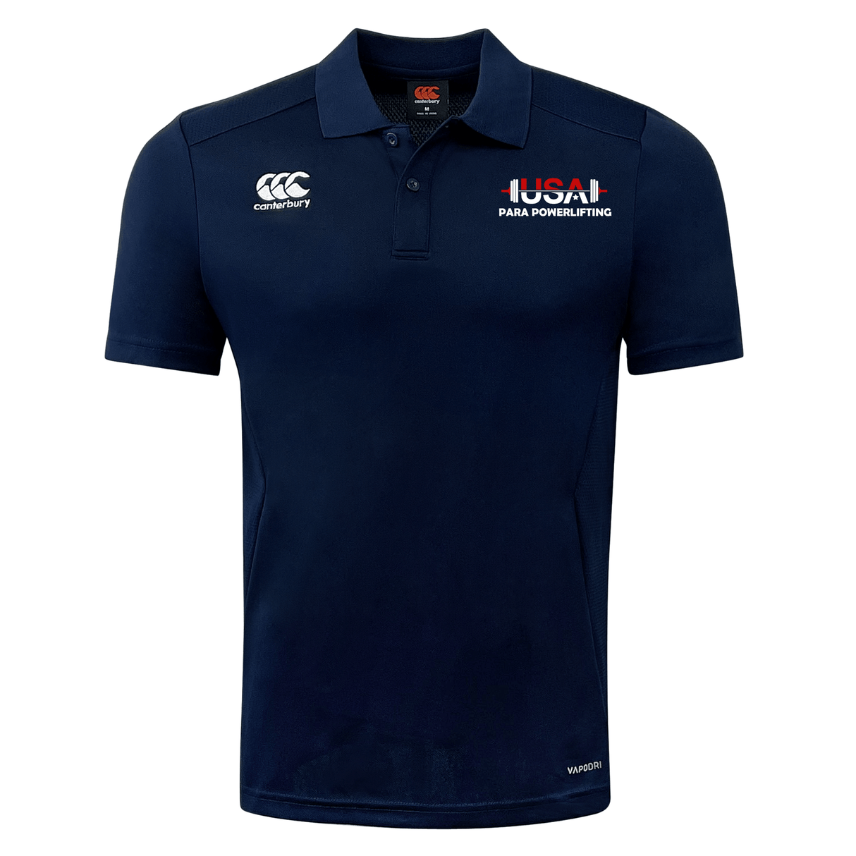 The USA Para Powerlifting Club Dry Polo by EMB Canterbury features the USA Para Powerlifting logo on the left chest, Canterbury branding on the right, and Vapodri Technology for breathable, all-day comfort.