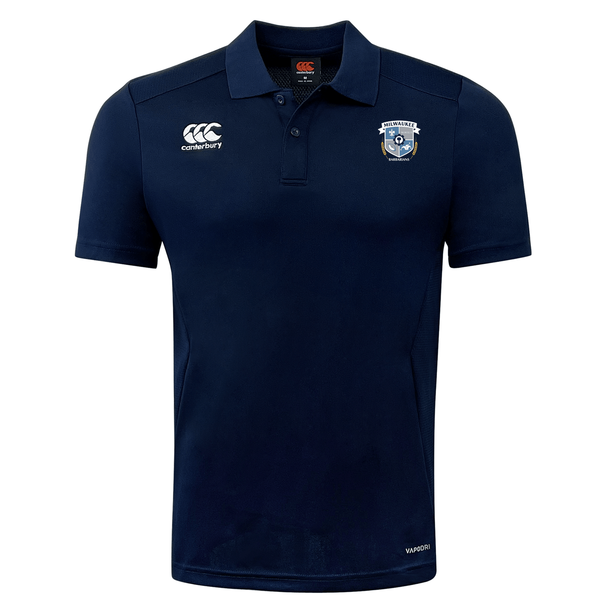 The Milwaukee Barbarians Rugby Club Dry Polo by EMB Canterbury features navy blue short sleeves, a collar with button placket, Canterbury logo, club crest, and breathable Vapodri tech to keep you cool and comfortable.