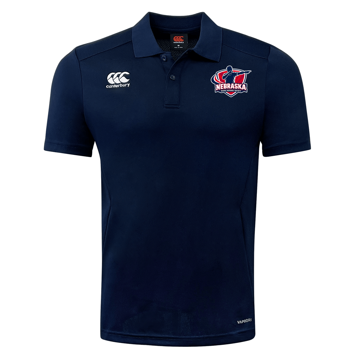 The Nebraska Rugby Referee Society Club Dry Polo by EMB Canterbury is a navy short-sleeve polo featuring a Nebraska logo, Canterbury branding, and Vapodri technology for all-day breathable comfort.